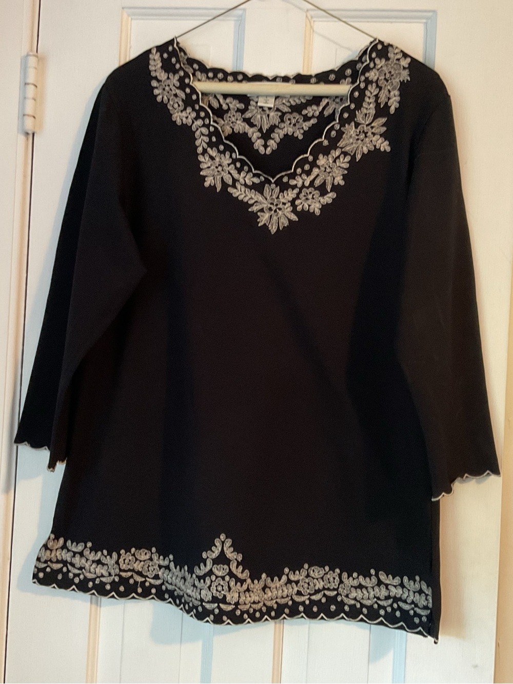 Coldwater Creek Black V-Neck Tunic with Cream Embroidery